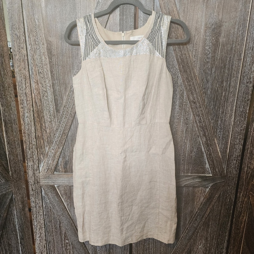 Ann Taylor Loft Dress Women's‎ Size 4 Beige 100% Linen Beaded Sequins Sleeveless